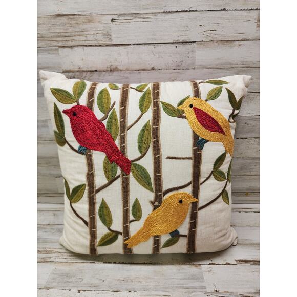 Pier 1 Imports Throw Decorative Pillow 15x15 Embroidered Birds - Picture 1 of 8